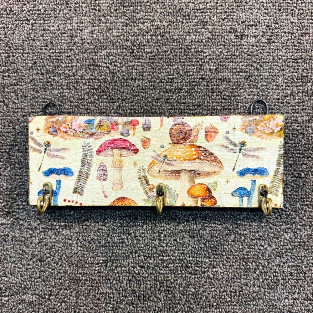 Wood & Metal Wall Key Rack Holder Multicolor Mushroom Dragonfly 3 Hooks